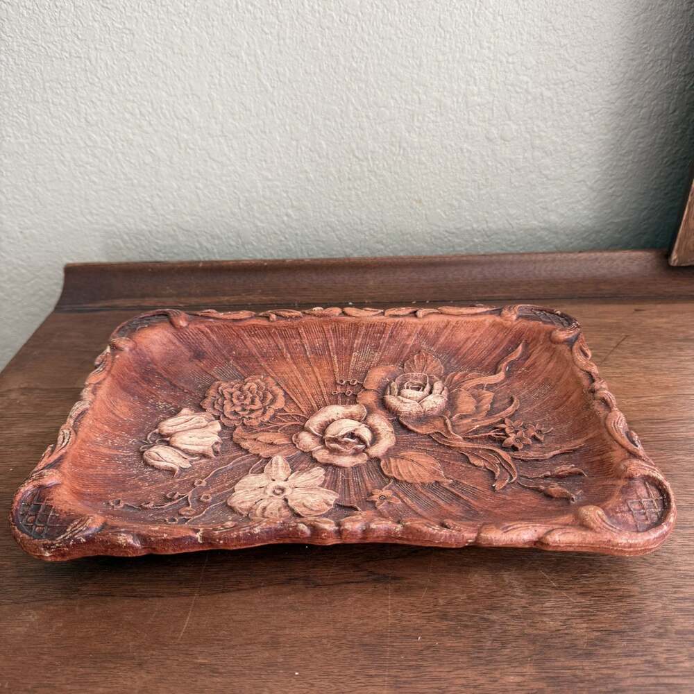 Vintage 1944 Multi Products Inc Resin Faux Wood Flower Weathered Tray Platter